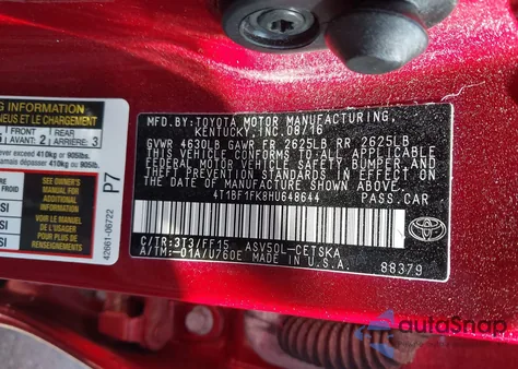 2017 Toyota Camry Le/Xle/Se/Xse from USA, damaged, VIN 4T1BF1FK8HU648644
